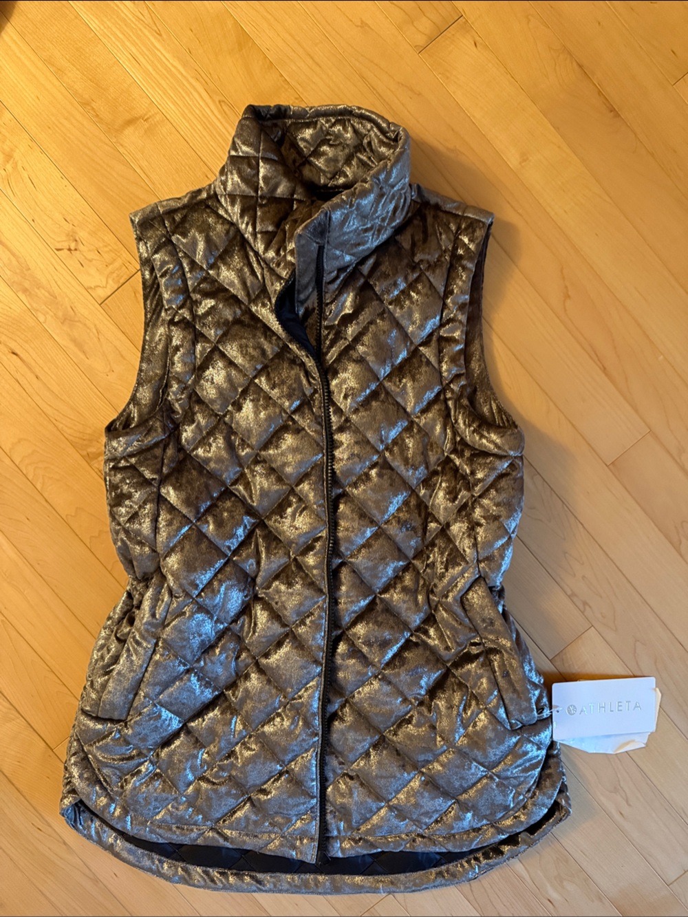 Athleta Whisper Metallic Velvet Puffer Vest - gold